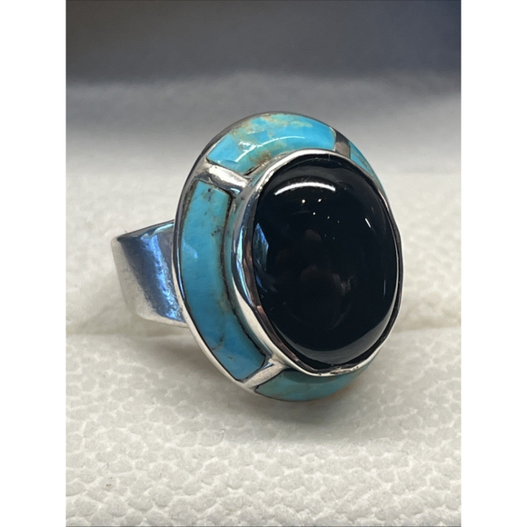 Ted Ott Jewelry - Signed Ted Ott Vintage Sterling 925 Onyx & Turquoise Inlay Navajo Ring Size 6.5